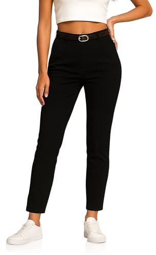 Kendindza Chino - Pantaloni da donna elasticizzati con cintura, in tessuto, da donna, eleganti, lunghi, in materiale morbido, Nero , L