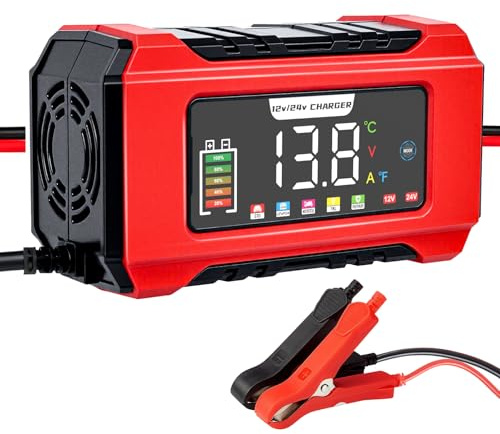 Carica Batteria per Auto, 12V 15A/24V 8A Caricabatterie Auto Moto, Mantenitore Batteria Moto Automobile, con Schermo LCD, Multi Protezioni Carica Batterie per Car Motos Boats AGM, Gel, SLA, LiFePO4