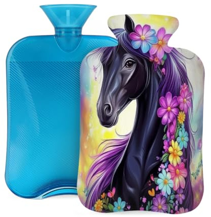 Entemne Wärmflasche, 2 l, Blumenmuster, schwarzes Pferd, bunt, mit Bezug, wiederverwendbare Therapie-Tasche zur Schmerzlinderung, Menstruationskrämpfe, Muskelkater, Winterwärme, Geschenk