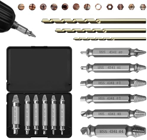 9PCS Damaged Screw Extractor Set, 6PCS HSS 4341 Screw Extractor Remover Kit and 3PCS Twist Drill Bit, HSS Grab Removal Tool, General Double Ended Grab Bolt Extractor for Damaged Broken Stripped Screws