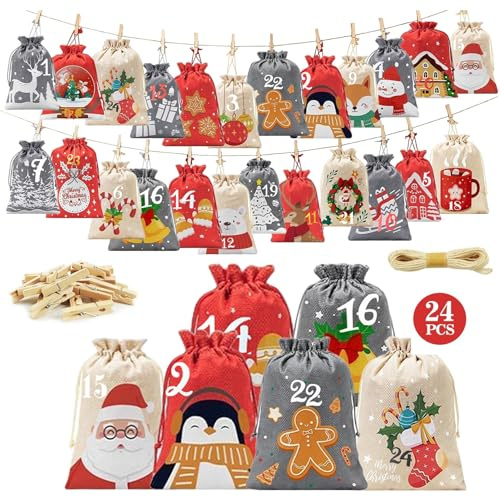 Adventskalender zum Befüllen Kinder 24 Säckchen, 2025 Weihnachtskalender Selber Befüllen 4 Größen, DIY Adventskalender Säckchen Santa Claus für Kinder und Erwachsene