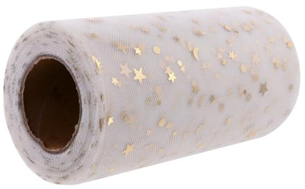PLAFOPE Tüll Deko mit Goldenen Sternen Pailletten Mesh Rolle Beiger Polyester Tüll für Selbstgemacht Tischläufer Geschenkverpackung und Bastelprojekte