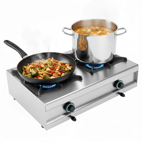 MBH - Cucina a gas professionale con 2 fornelli da banco e alta potenza per cucina industriale di bar, ristorante, food trucks, ristorazione e catering.