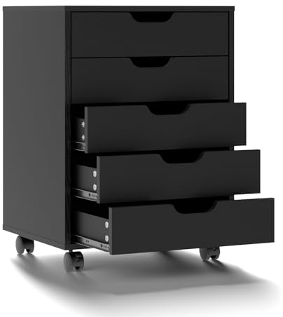 Bonnlo Mobile File Cabinet, 5 Drawers Wooden File Organiser Black | Filing Cabinet,Printer Stand, Lateral Stationery Vertical Rolling Storage Chest, Under Desk Filing Organiser for Home Office