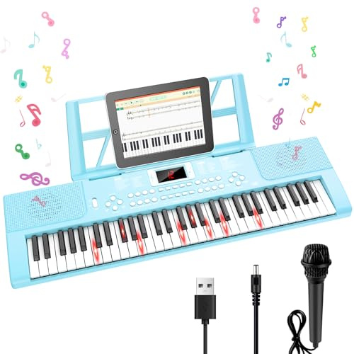 Shayson - Teclado electrónico de 61 teclas con luz LED, pianos digitales portátiles con micrófono, soporte para partituras, calcomanías de notas de piano, el mejor regalo para niños principiantes