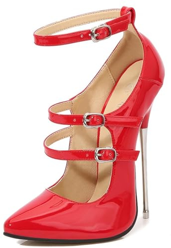 XHEILZOP pumps 16 cm extrem metall höga klackar sexig tunn stilettos modell cross dresser skor, damstilettos av lackläder, mode ankelrem hög klack sandaler skor, Röd röd, 45 EU