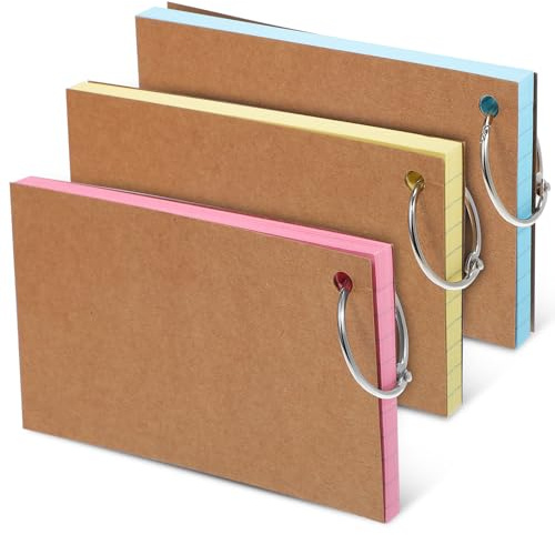 Parliky Fiches de Révision Lignées Recto-verso 150 Pcs avec Anneaux Métalliques et Couvertures Couleur Rose, Jaune Clair et Bleu Clair, Cartes Mémoire D’apprentissage pour Bureau et