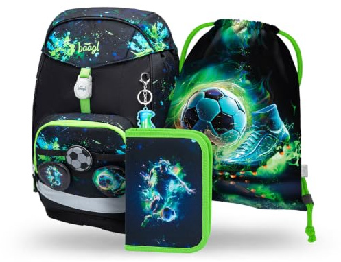 Baagl Airy Plus Schulranzen-Set 3-teilig, 25 l, ab 130 cm (Fußball) | Isoliertes Snackfach; Magnetverschluss; Brust- und abnehmbarer Hüftgurt