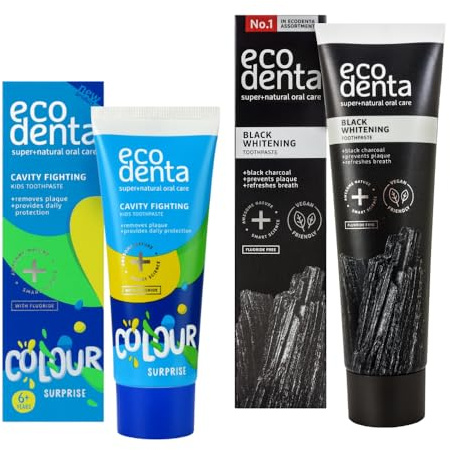 ECODENTA Set per la cura dentale familiare, dentifricio per bambini Colour Surprise Melone, 75 ml, dentifricio sbiancante al carbone attivo nero, 100 ml, protezione carie per bambini e sbiancamento