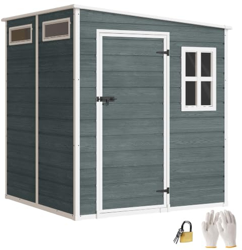 Outsunny Gerätehaus 2,89 m² Holzoptik 3 Fenster 182 x 182 x 196 cm Grau | Kunststoff Geräteschuppen, Gartenschuppen, Mit Belüftung, Mit Boden, Mit Schloss, Handschuhe, Für Werkzeuge Fahrrad