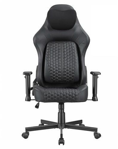 JUMMICO Gaming-Stuhl mit Verstellbarer Lendenwirbelstütze & 2D-Armlehnen, 90-140° Neigbar, Ergonomischer Computerstuhl aus Kunstleder, Atmungsaktiver Bürostuhl für Gamer & Büro, 150 kg, Schwarz