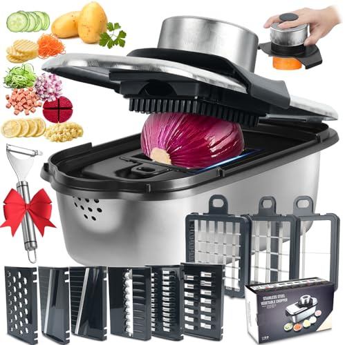 Coupe-légumes 9 en 1, en acier inoxydable 304, coupe-légumes avec protège-main, bol de 2 litres pour oignons, ail, carottes (motif)
