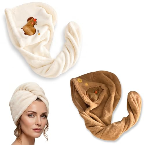 Set 2 Pezzi Turbante Asciugacapelli Capybara, Asciugamano Capelli in Microfibra Super Assorbente, Telo per Asciugatura Rapida con Bottone per Capelli Lunghi e Ricci, 65x25cm, Khaki e Bianco