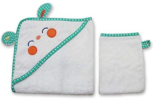 etérea Baby Kapuzenhandtuch + 1 STK. GRATIS Waschlappen - 100% Baumwolle Warm und Kuschelig Badehandtuch - Hase Muster in Weiss, 70x70 cm