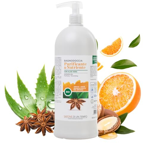 Sapone di un Tempo Docciaschiuma e Shampoo Doccia 100% Naturale con Aloe Vera e Olio di Argan, 1500 millilitri | Bagnoschiuma Naturale, Antiossidante e Nutriente per Pelle Secca