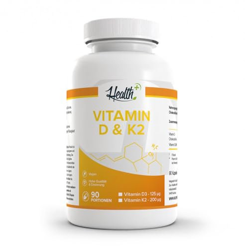 Health+ Vitamin D3 & K2, 90 Kapseln mit je 5000 IE Vitamin D3 und 200 mcg Vitamin K2, hochdosierte Vitamin D Kapseln, Made in Germany