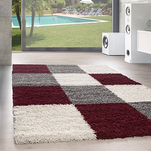 SIMPEX Hochflor Teppich Shaggy kariert 160x230 cm Rot, weich & flauschig, modernes Karo Muster, rechteckig, perfekt für Wohnzimmer, stilvolles Wohnaccessoire