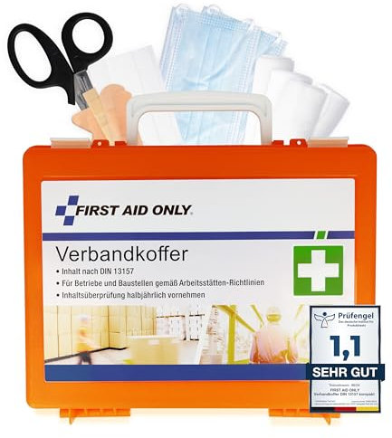 First Aid Only Erste Hilfe Koffer DIN 13157 mit Wandhalterung | Kompakter Verbandskasten für Betriebe und Haushalte gefüllt nach DIN 13157:2021 | Inkl. Tragegriff & Montagematerial | P-10020