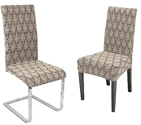 BEAUTEX 2er Set Stuhlhussen, elastische Stretch Hussen Bi-Elastic, Motiv und Farbe wählbar (Motiv Barock, Farbe Beige)