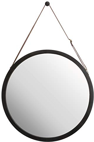 ZRI Bamboo Wandspiegel Rund Flur Spiegel Badspiegel mit Verstellbarer Lederband (schwarz, 38 cm)