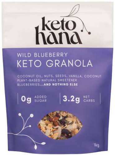 Keto Hana Wild Blueberry Keto Granola Keto Diet Vegan Grain Free Dairy Free Plant Based No Refined Sugars Gluten Free 3.2g Net Carbs Breakfast Cereal - Bulk, Family Pack 1kg/2.2lbs