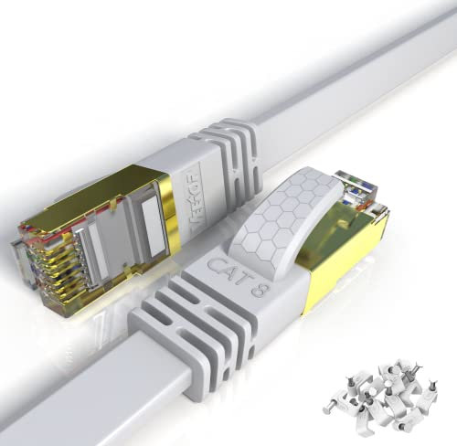 Veetop LAN Kabel 10meter Cat 8 Kabel Netzwerkkabel Ethernet Kabel Flach und Dünn Mit 40 Gbps High Speed Übertragungsrate und vergoldetem RJ45. Internetkabel 10m Weiß
