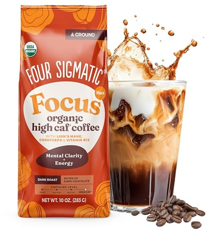 Four Sigmatic Organic High Caffeine Dark Roast Extra Strong Ground Coffee with L-Theanine & Cordyceps Mushroom Extract - Energy Booster Mushroom Super Coffee without the Jitters - 12oz Bag