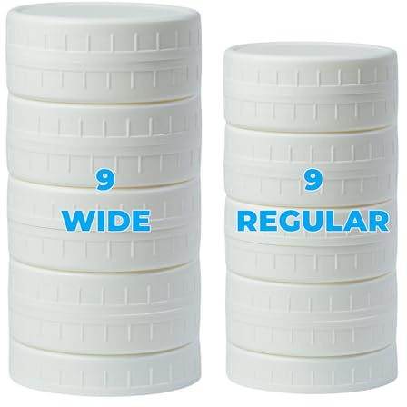 Bedgeta 18 Pack White Plastic Mason Jar Lids with Silicone Rings, 9 Wide Mouth & 9 Regular Mouth Jar Lids for Ball & Kerr and More, 86mm &70mm Plastic Mason Jar Lids