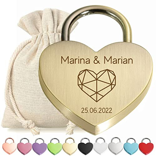 polar-effekt Herz Liebes-Schloss Bügelschloss personalisierte Gravur Bronze - Motiv Polygon Herz - Geschenkbeutel - mit Schlüssel - Jahrestag, Verlobung - Sie & Ihn - Paar, Ehepaar - Present, Love