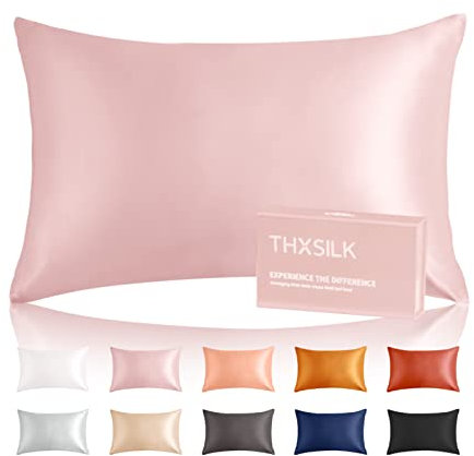 THXSILK Seidenkissenbezug für Haar und Haut mit verstecktem Reißverschluss, beide Seiten 25 Momme Seidenkissenbezug mit Geschenkbox, Kissenbezug aus Bio-Seide, 1 Stück, Hellrosa