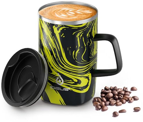 Ideus® Kaffeebecher 470 ml (16 oz), doppelwandige vakuumisolierte Kaffee- und Teetasse aus Edelstahl mit rutschfestem Griff und Schiebemoduldeckel und großem Volumen (Gelb Zebra)