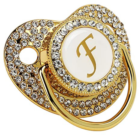 Goldener Baby-Schnuller, Personalisiertes Schnuller Schnullerclip, Schnuller mit 26 Buchstaben von A Bis Z Staubschutz für Neugeborene, Silikon-Säuglingsnippel, für 6 Bis 18 Monate (Buchstabe F)