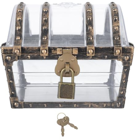 Transparent Antique Pirate Treasure Chest: Clear Plastic Box with Lock and Key - Vintage Storage Organizer for Kids Toys, Classroom Prizes, Pirate Party Supplies