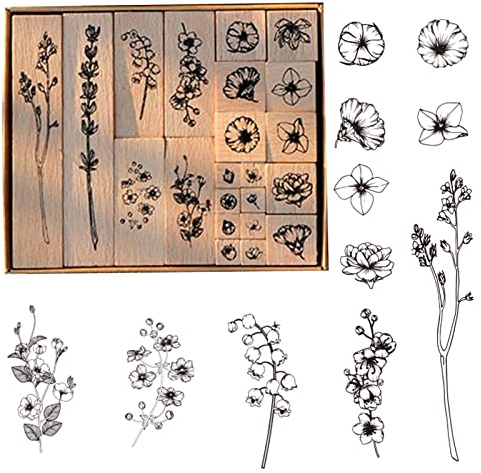 Wooden Rubber Stamps,22PCS Plant Patterns Rubber Stamp with 4 Sizes,Vintage Natural Floral Wooden Stamps for Postcards,DIY Crafts, Scrapbooking (Flower)