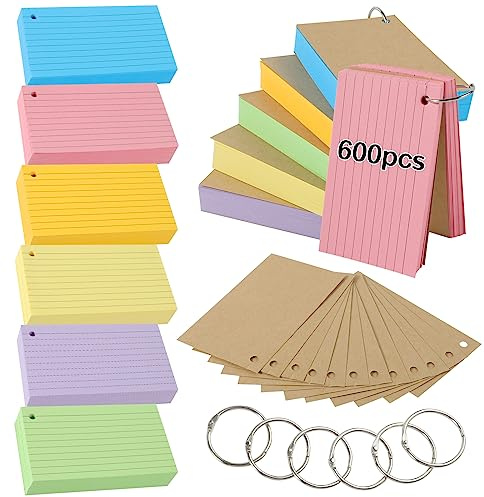 Flash Cards,600 PCS Multicolor Index Cards Revision Cards with 6 Binder Rings, 3x5 Inch (12.7x7.6cm) Kraft Paper Flashcards Lined Record Cards Study Cards for Office Home School Learning