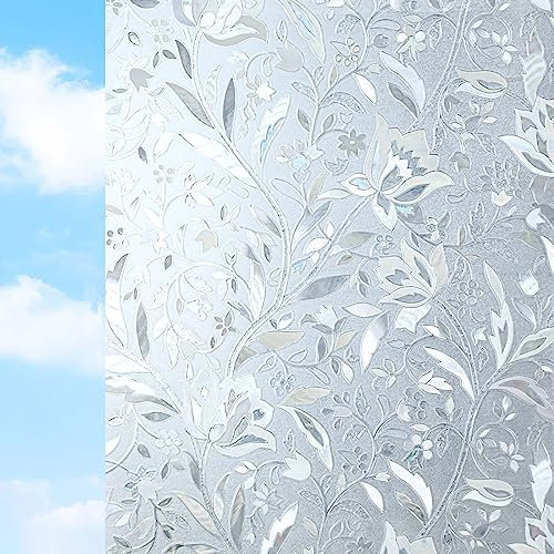 Privacy Window Film, Sunallwell Tulip Self-adhesive Privacy Film Opaque No Glue Anti UV Decorative Stain Glass Film Window Covering Frosted Window Film (30x300cm), Silver
