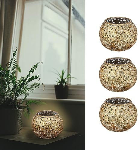 Windlicht 3er Set Mandala-Design │ Glas Metall 9x7cm Gold weiß │ Glaseinsatz für Kerze Teelicht (1 x 3er Set Windlicht Mandala)