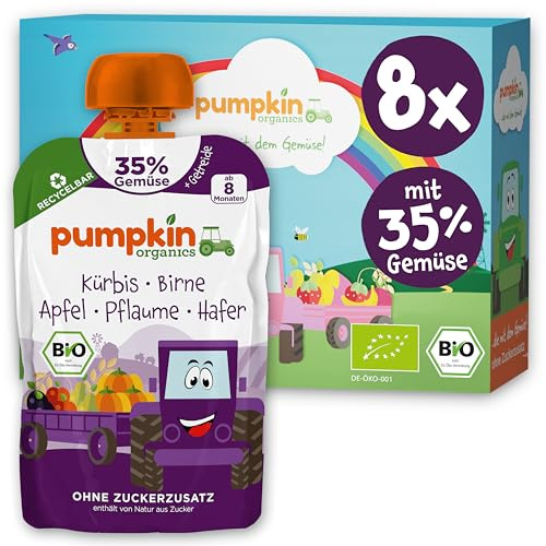 Pumpkin Organics Bio Gemüse-Quetschie mit Pflaume ohne Zuckerzusatz¹ 8x100g | Bio Gemüse-Getreide-Quetschie mit 35% Gemüse und weniger Fruchtzucker, ab 8 Monaten; idealer Beikost- bis Schulsnack