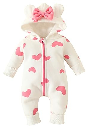Carolilly Baby Girls Romper Winter Warm Infant Baby Jumpsuit Romper Bear Ear Snowsuit Newborn Hooded Romper Warm Coat Heart/Cow Pattern Long Sleeve Zipper Romper Daywear(Pink White Heart, 0-3 Months)