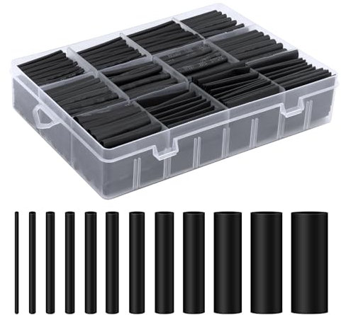 VMUTGA 900 Piezas Tubos Termorretráctiles, 12 Tamaños Tubo Termorretráctil Negro Relación de Contracción 2:1 Kit de Surtido de Tubo Térmico Funda Termoretractil para Cables Aislamiento Eléctrico