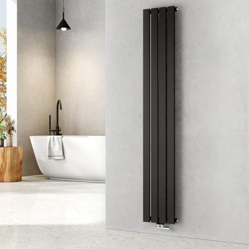 EMKE Heizkörper Schmal Hoch 1800x304 mm Vertikal Flachheizkörper mit Mittelanschluss, Einlagig Paneelheizkörper Wandheizkörper für Bad, Schlafzimmer & Wohnzimmer, Schwarz 559W