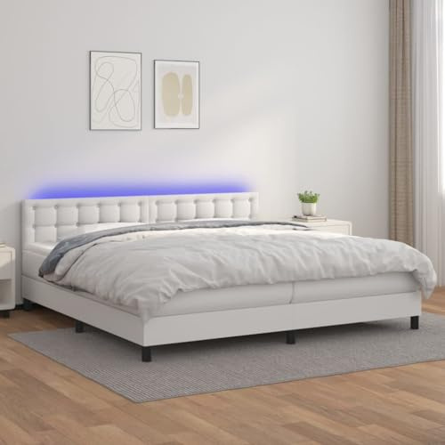 ZQQLVOO Bettgestell Familienbett Palettenbett Boxspringbett mit Matratze & LED Weiß 200x200 cm Kunstleder Geeignet für Familienzimmer