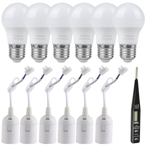 Sporgo Lampenfassung E27 und LED Leuchtmittel Set: 6 Stück Fassung Mit Kabel, Spannungsprüfer, 6 Stück 5W 6500K Kaltweiss Glühbirne, Baufassung Renovierfassung Baulampe