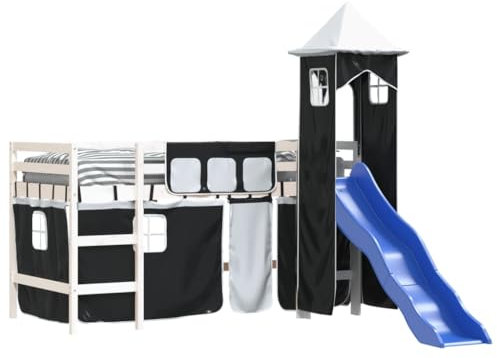 vidaXL Kinderhochbett, Hochbett mit Turm Rutsche, Spielbett Bett für Kinder ab 6 Jahren, Kinderbett Etagenbett Stockbett, Weiß Schwarz 80x200cm Kiefernholz