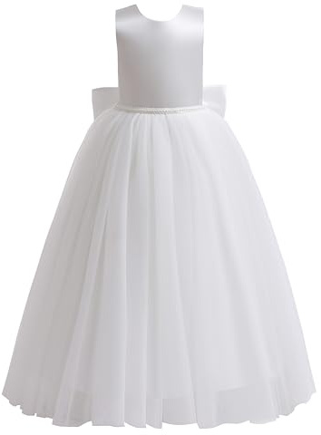 Glamulice V Open Back Satin Flower Girl Dress White First Communion Kids Birthday Ball Gown Princess Bridesmaid Tulle Maxi Long A Line Junior Pageant Wedding Party Dresses Holiday Prom Dance Gowns 9