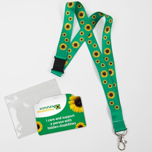 Generisch ID-Halter mit Aufschrift 'I care for a person with Hidden Disabilities' - Sonnenblumen-Umhängeband, versteckte Behinderungskarte, 7,5 x 15,5 cm, Grün, Kunststoff, Lanyard