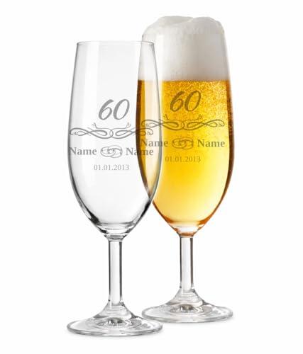 LALALO Biergläser mit Gravur zum 60. Hochzeitstag, Geschenk zur Diamanten Hochzeit, Leonardo Pils Biertulpe personalisiert, Jahrestag (Blütenträume)