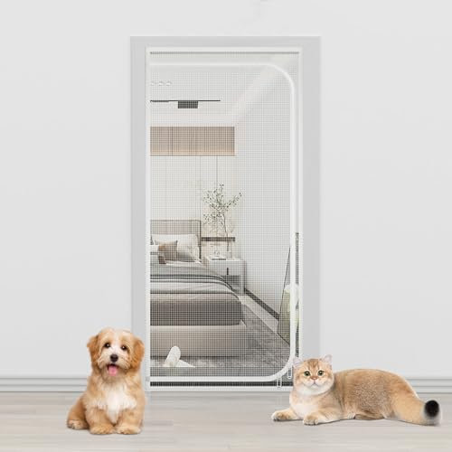 LIFEDYLUK Porta Zanzariera per Gatti Impedisce ai Gatti di Lasciare Casa, Domestici tenda rinforzata per zanzariere con cerniera, Tenda Antimosche per Protezione dagli Insetti (100 * 210cm, Bianco)