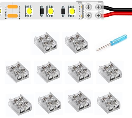 YUTOKEER LED Streifen Verbinder 10mm 2-polig, Streifen-zu-Kabel Anschluss, lötfrei für COB SMD 3528/5050, transparent, inkl. Schraubendreher, 10 Stück