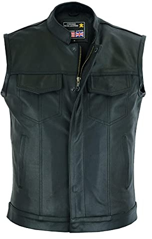 RAXUS Chaleco Hombre Cuero Motero Chaleco de moto de cuero genuino negro K-10 (FR/ES, Letras, S, Regular, Regular, Negro)